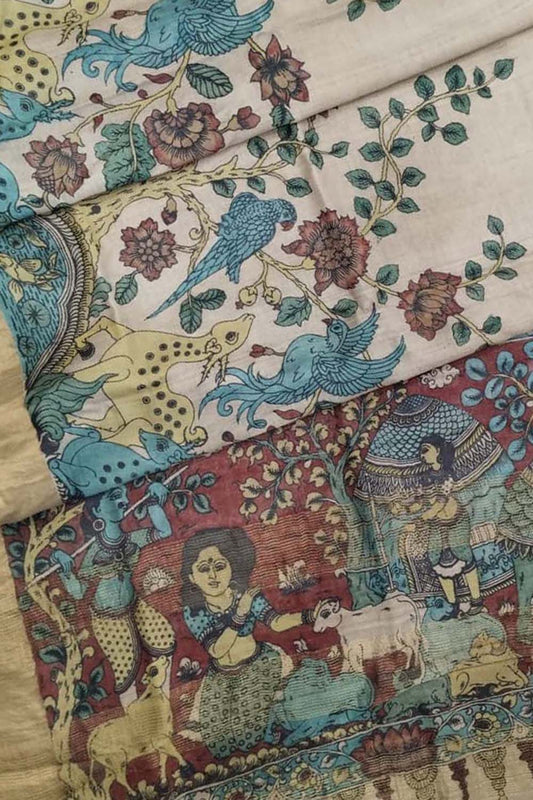 Exquisite Multicolor Kalamkari Hand Painted Tussar Silk Saree - Luxurion World