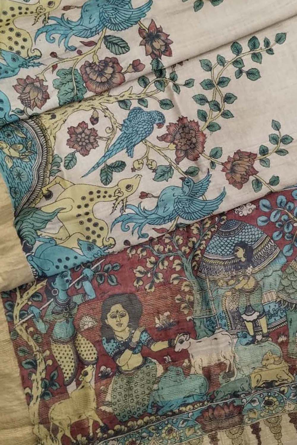 Exquisite Multicolor Kalamkari Hand Painted Tussar Silk Saree - Luxurion World