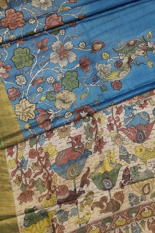 Exquisite Blue Kalamkari Hand Painted Tussar Silk Saree: A Timeless Masterpiece - Luxurion World