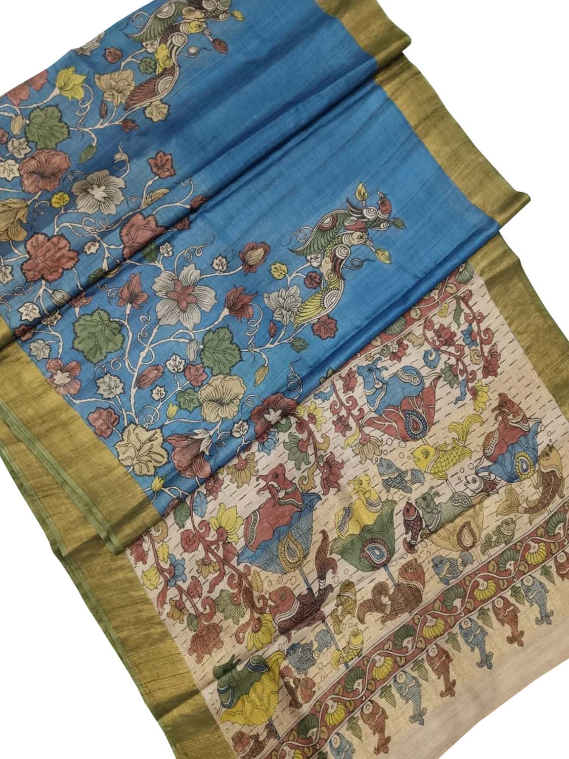 Exquisite Blue Kalamkari Hand Painted Tussar Silk Saree: A Timeless Masterpiece - Luxurion World