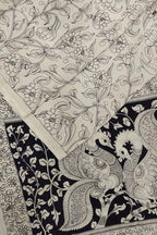 Elegant Black and White Chennur Silk Saree: Hand-Painted Perfection - Luxurion World