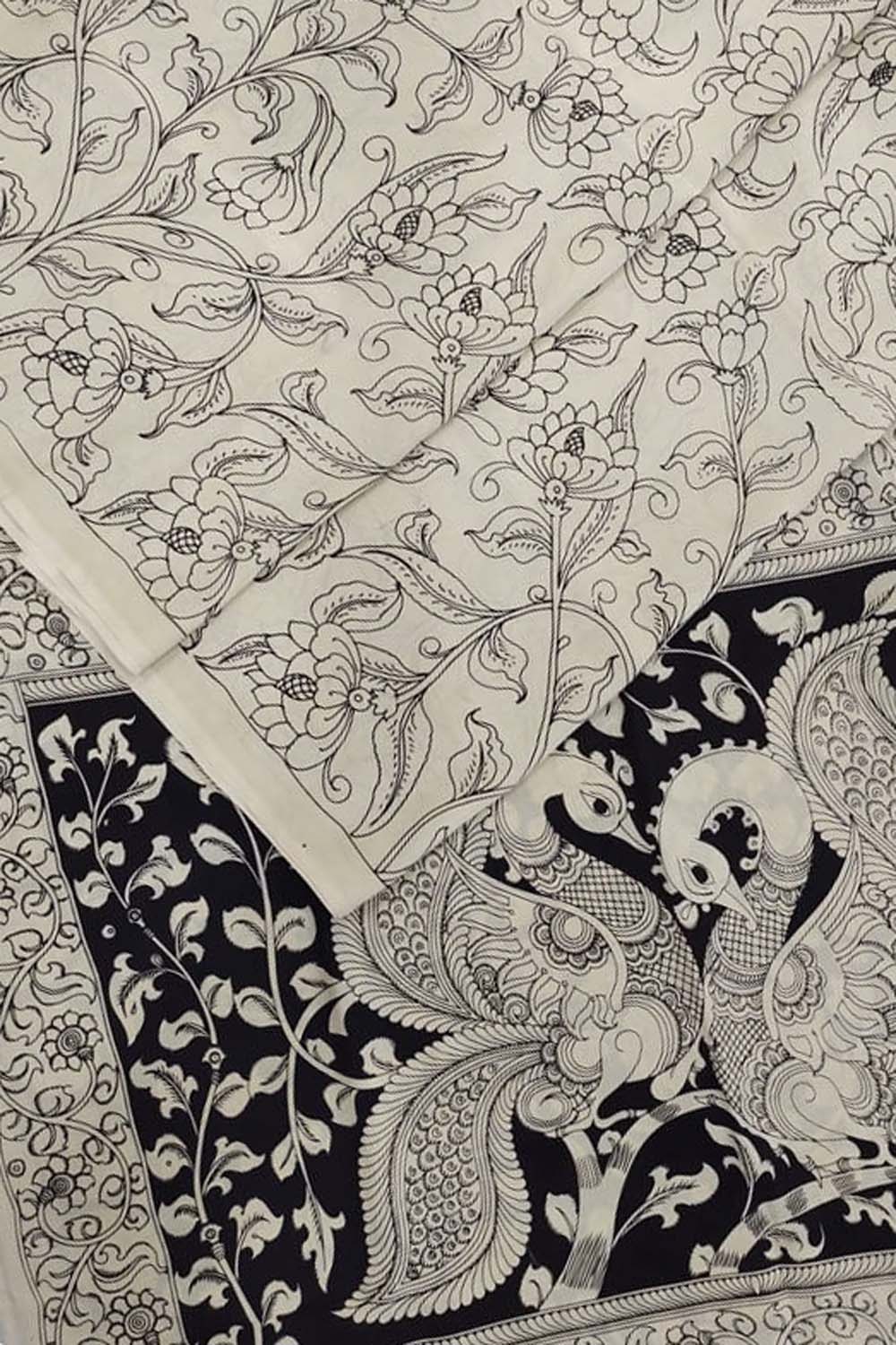 Elegant Black and White Chennur Silk Saree: Hand-Painted Perfection - Luxurion World