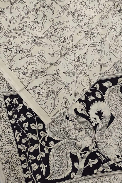 Elegant Black and White Chennur Silk Saree: Hand-Painted Perfection - Luxurion World