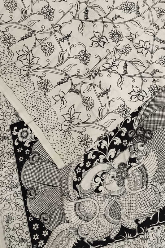 Elegant Hand Painted Chennur Silk Saree in Black and White - Luxurion World