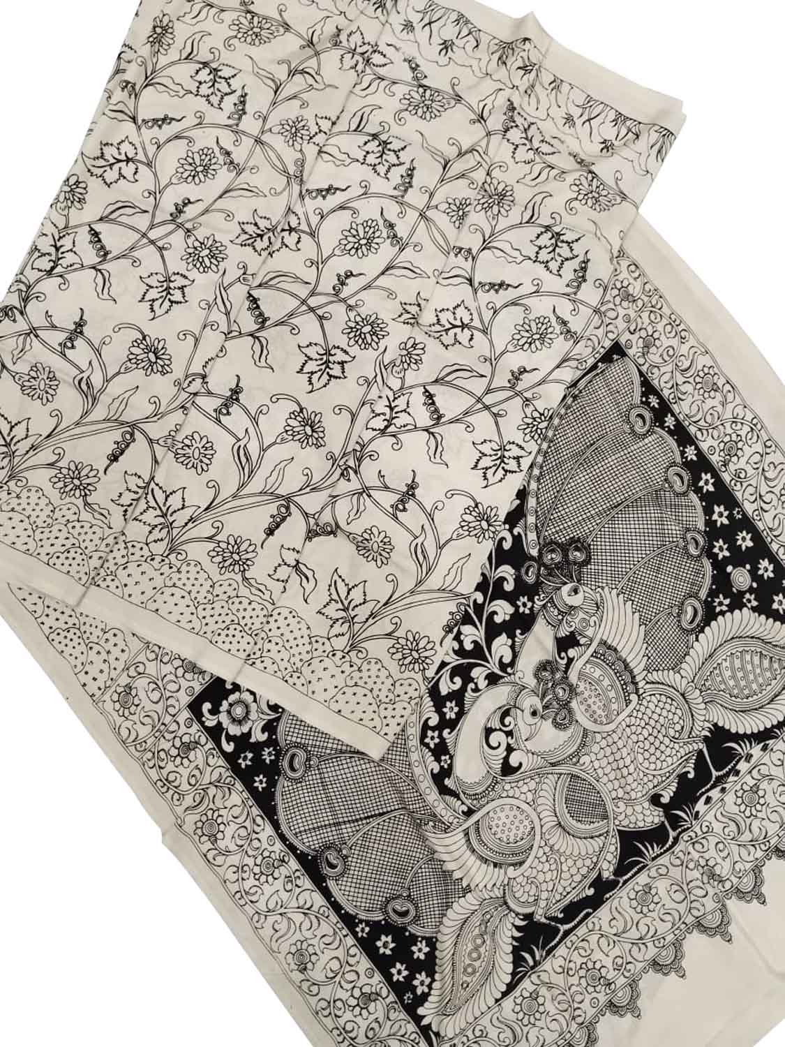 Elegant Hand Painted Chennur Silk Saree in Black and White - Luxurion World