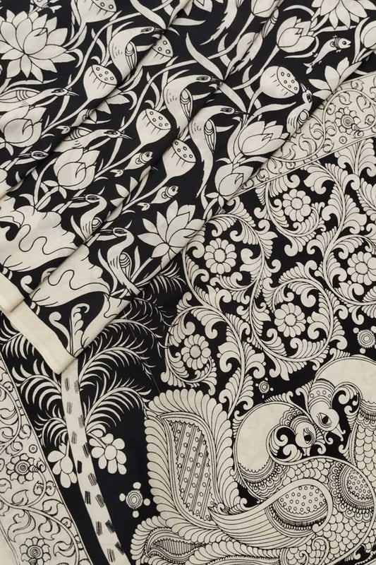 Elegant Black & White Hand Painted Chennur Silk Saree - Luxurion World
