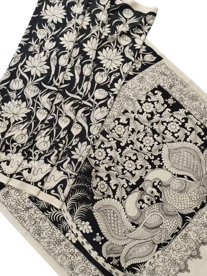 Elegant Black & White Hand Painted Chennur Silk Saree - Luxurion World