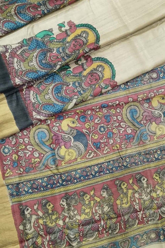 Pastel Hand Pen Kalamkari Pure Tussar Silk Saree: Elegant and Ethereal - Luxurion World