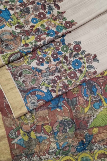Pastel Hand Pen Kalamkari Pure Tussar Silk Saree - Luxurion World