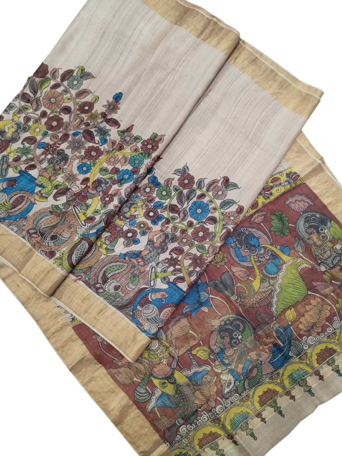 Pastel Hand Pen Kalamkari Pure Tussar Silk Saree - Luxurion World