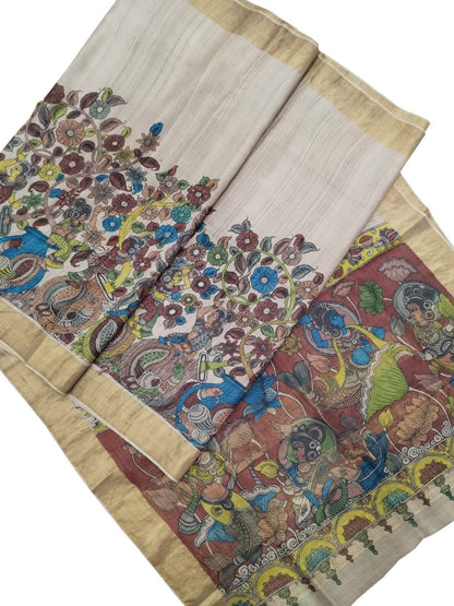 Pastel Hand Pen Kalamkari Pure Tussar Silk Saree - Luxurion World