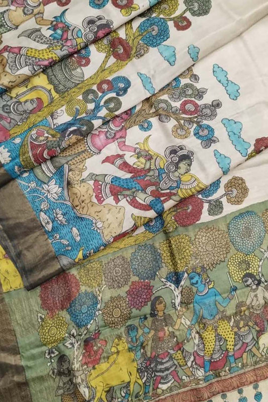 Pastel Hand Pen Kalamkari Pure Tussar Silk Saree: Elegant and Ethereal - Luxurion World