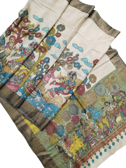 Pastel Hand Pen Kalamkari Pure Tussar Silk Saree: Elegant and Ethereal - Luxurion World