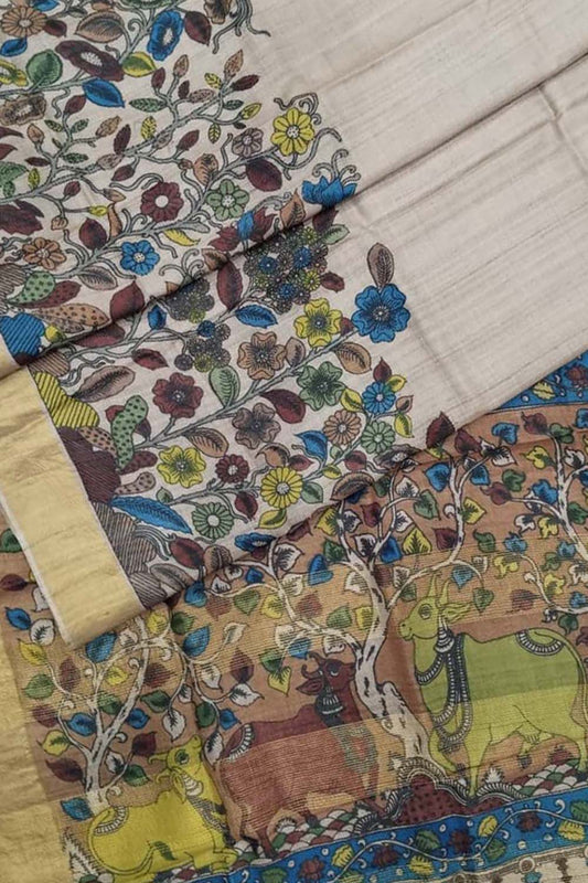 Pastel Hand Pen Kalamkari Pure Tussar Silk Saree - Luxurion World