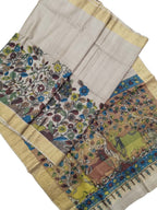 Pastel Hand Pen Kalamkari Pure Tussar Silk Saree - Luxurion World