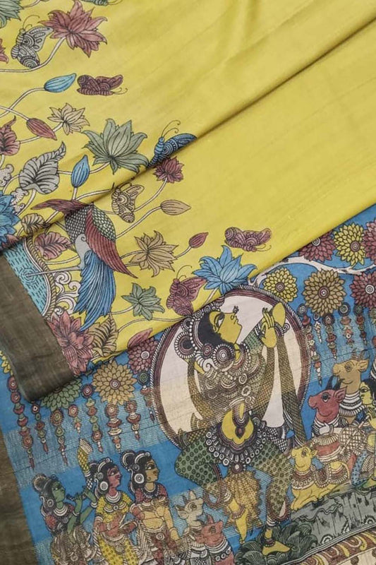 Exquisite Yellow Hand Pen Kalamkari Tussar Silk Saree: A Timeless Masterpiece - Luxurion World