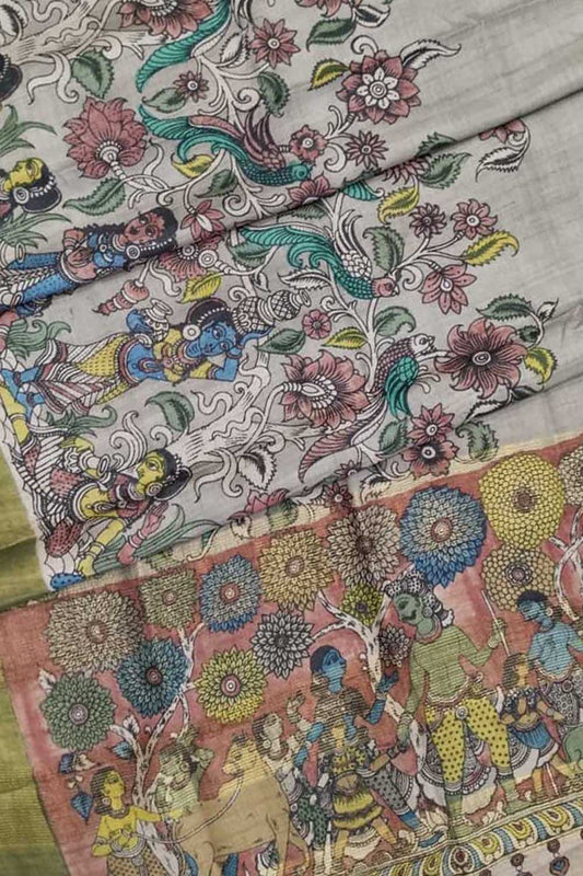 Pastel Hand Pen Kalamkari Pure Tussar Silk Saree - Luxurion World