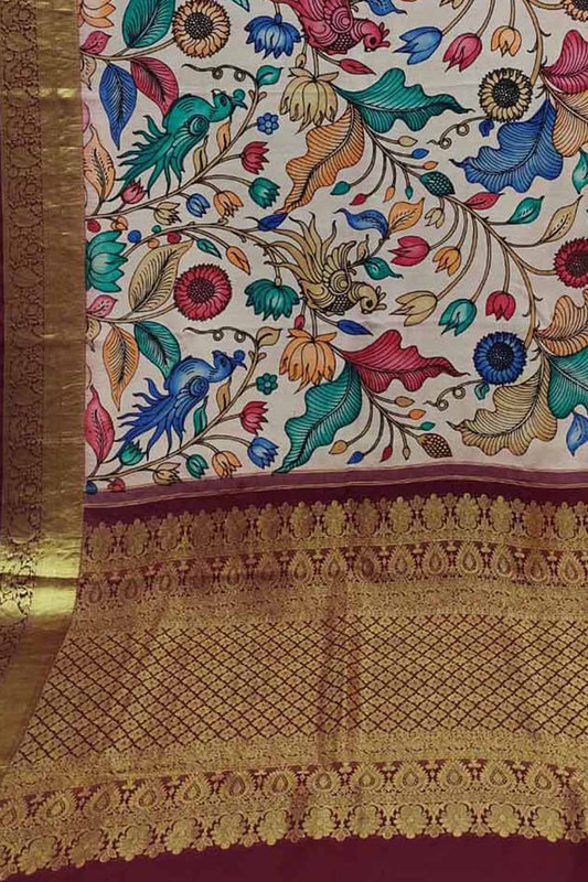 Exquisite Multicolor Kalamkari Silk Kanjeevaram Border Saree