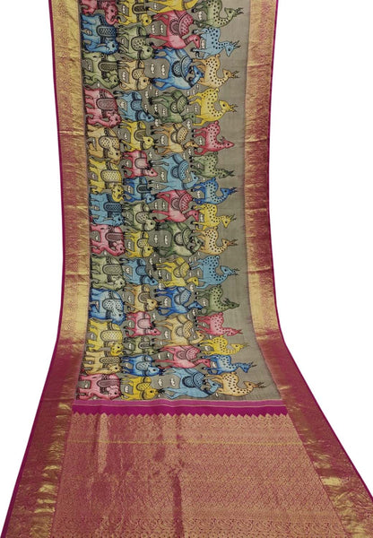Exquisite Multicolor Kalamkari Silk Saree with Kanjeevaram Border - Luxurion World