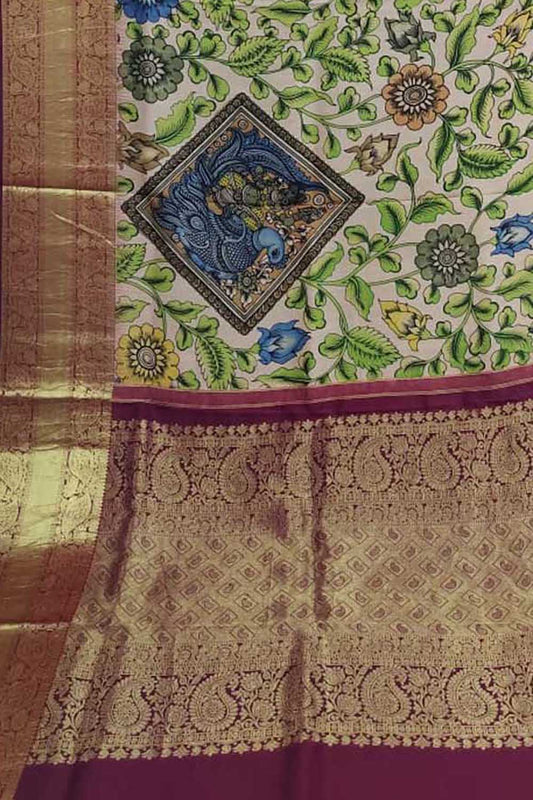 Exquisite Multicolor Kalamkari Silk Kanjeevaram Saree with Pure Silk Border