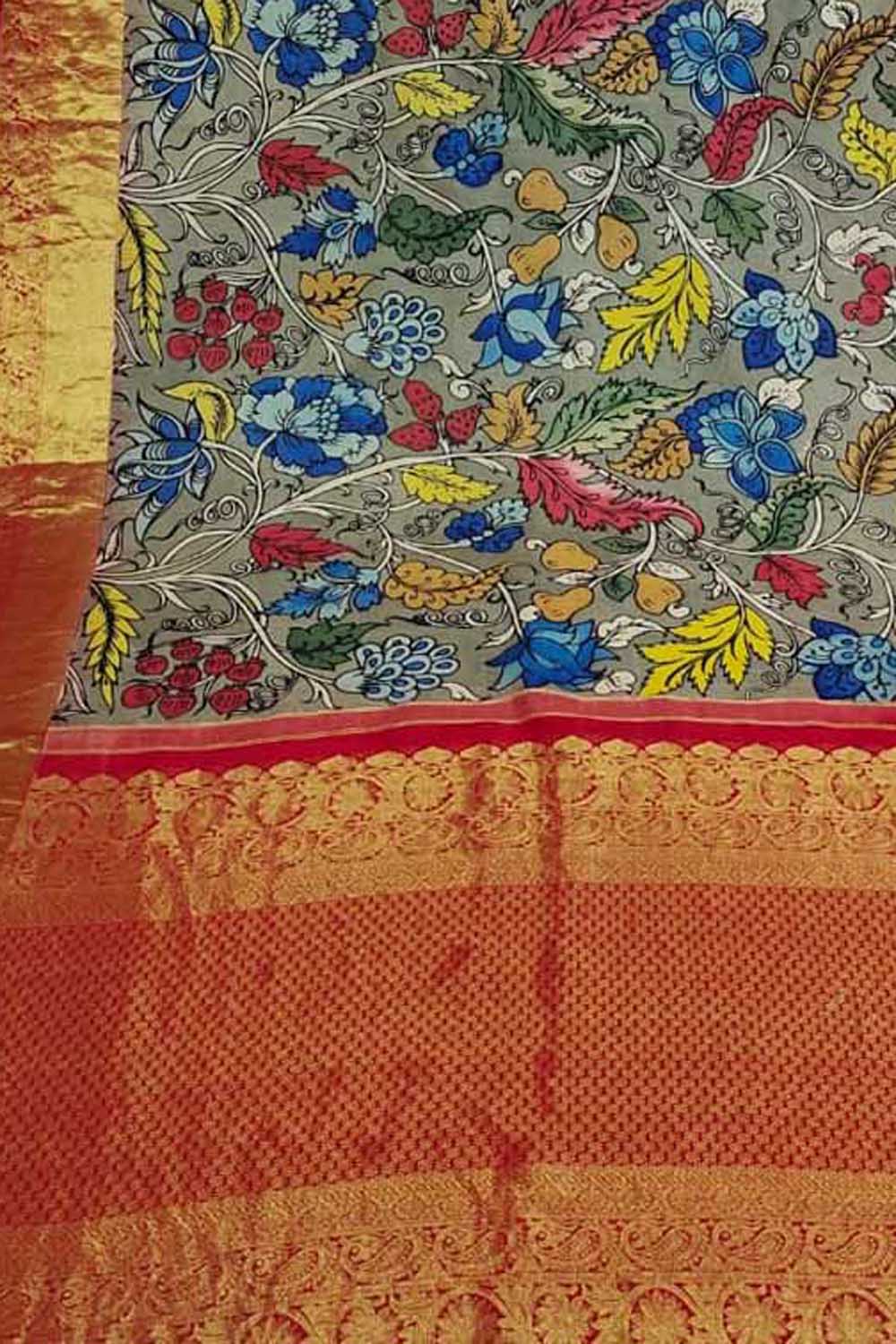 Exquisite Multicolor Kalamkari Silk Saree with Kanjeevaram Border - Luxurion World