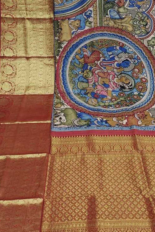 Exquisite Multicolor Kalamkari Silk Saree with Kanjeevaram Border - Luxurion World