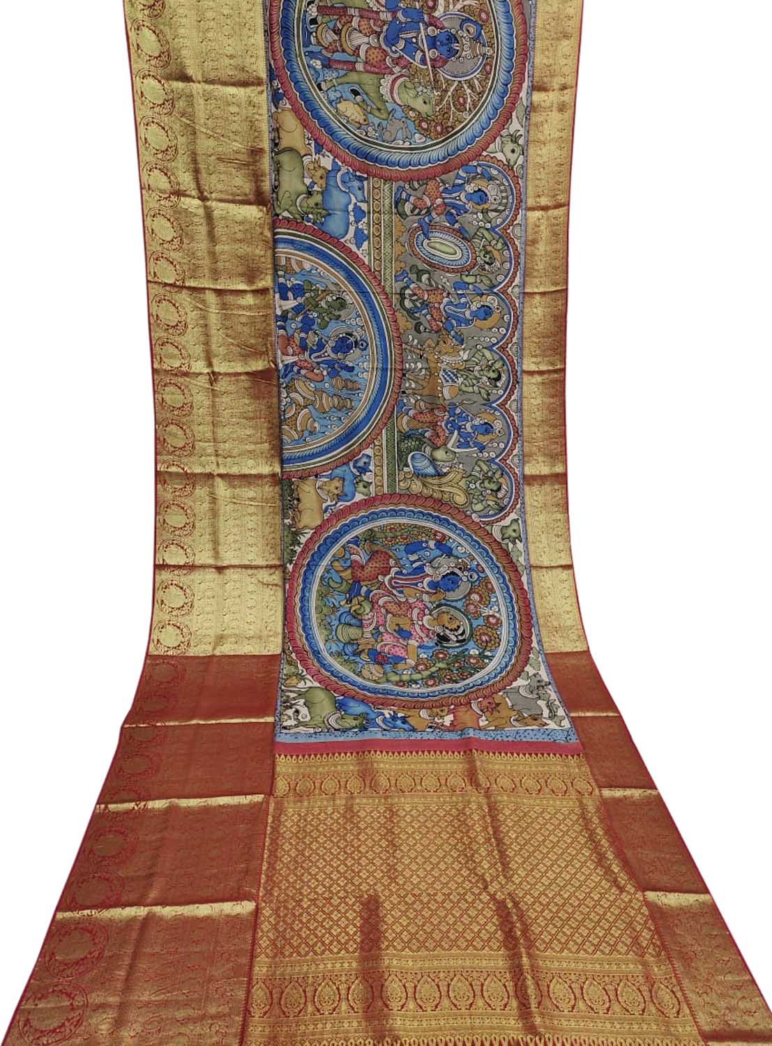 Exquisite Multicolor Kalamkari Silk Saree with Kanjeevaram Border - Luxurion World