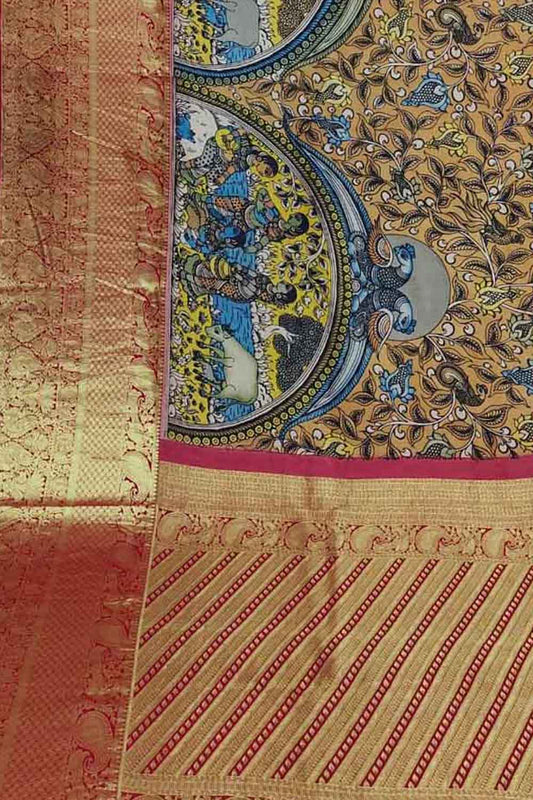 Exquisite Multicolor Kalamkari Silk Kanjeevaram Saree with Pure Silk Border