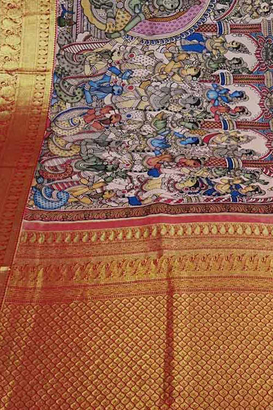 Exquisite Multicolor Kalamkari Silk Kanjeevaram Border Saree - Luxurion World