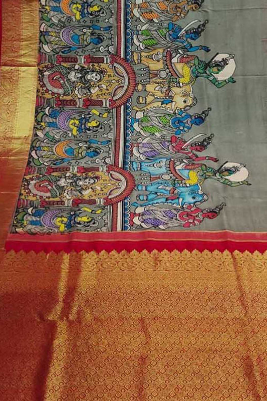 Exquisite Multicolor Kalamkari Silk Kanjeevaram Border Saree
