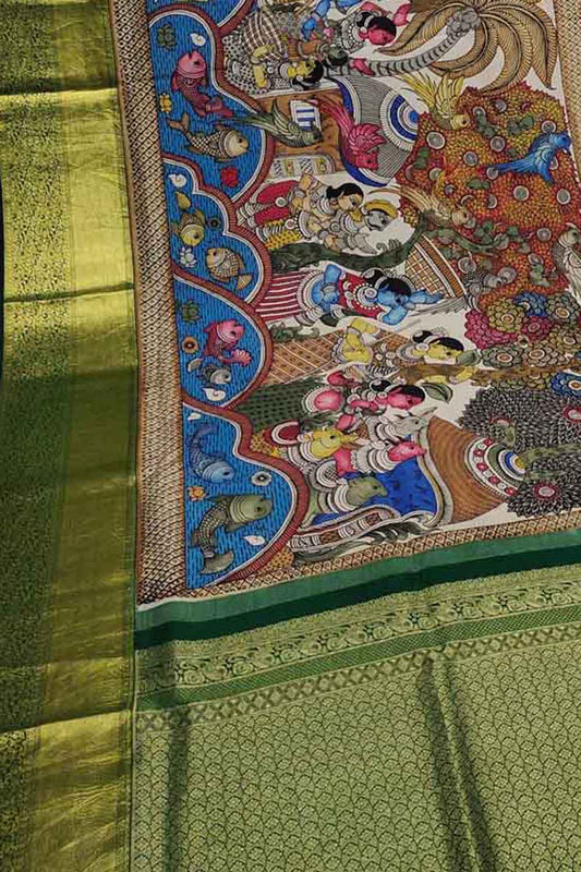 Exquisite Multicolor Kalamkari Silk Saree with Kanjeevaram Border - Luxurion World
