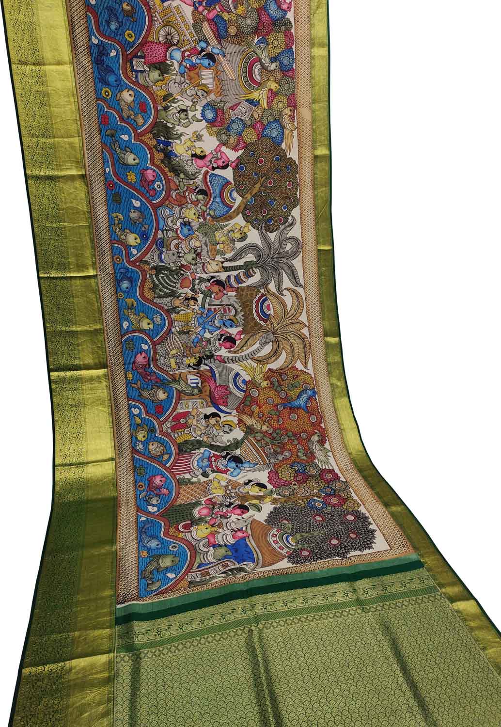 Exquisite Multicolor Kalamkari Silk Saree with Kanjeevaram Border - Luxurion World