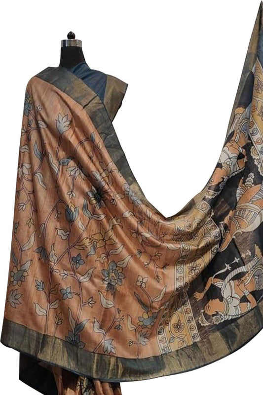 Orange Hand Painted Kalamkari Pure Desi Tussar Silk Saree - Luxurion World