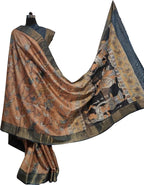 Orange Hand Painted Kalamkari Pure Desi Tussar Silk Saree - Luxurion World