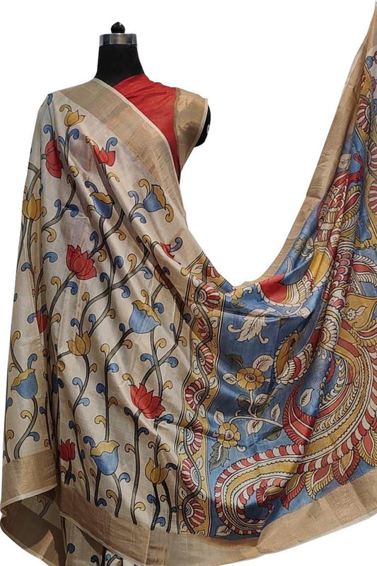 Pastel Hand Painted Kalamkari Pure Desi Tussar Silk Saree - Luxurion World
