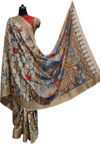 Pastel Hand Painted Kalamkari Pure Desi Tussar Silk Saree - Luxurion World