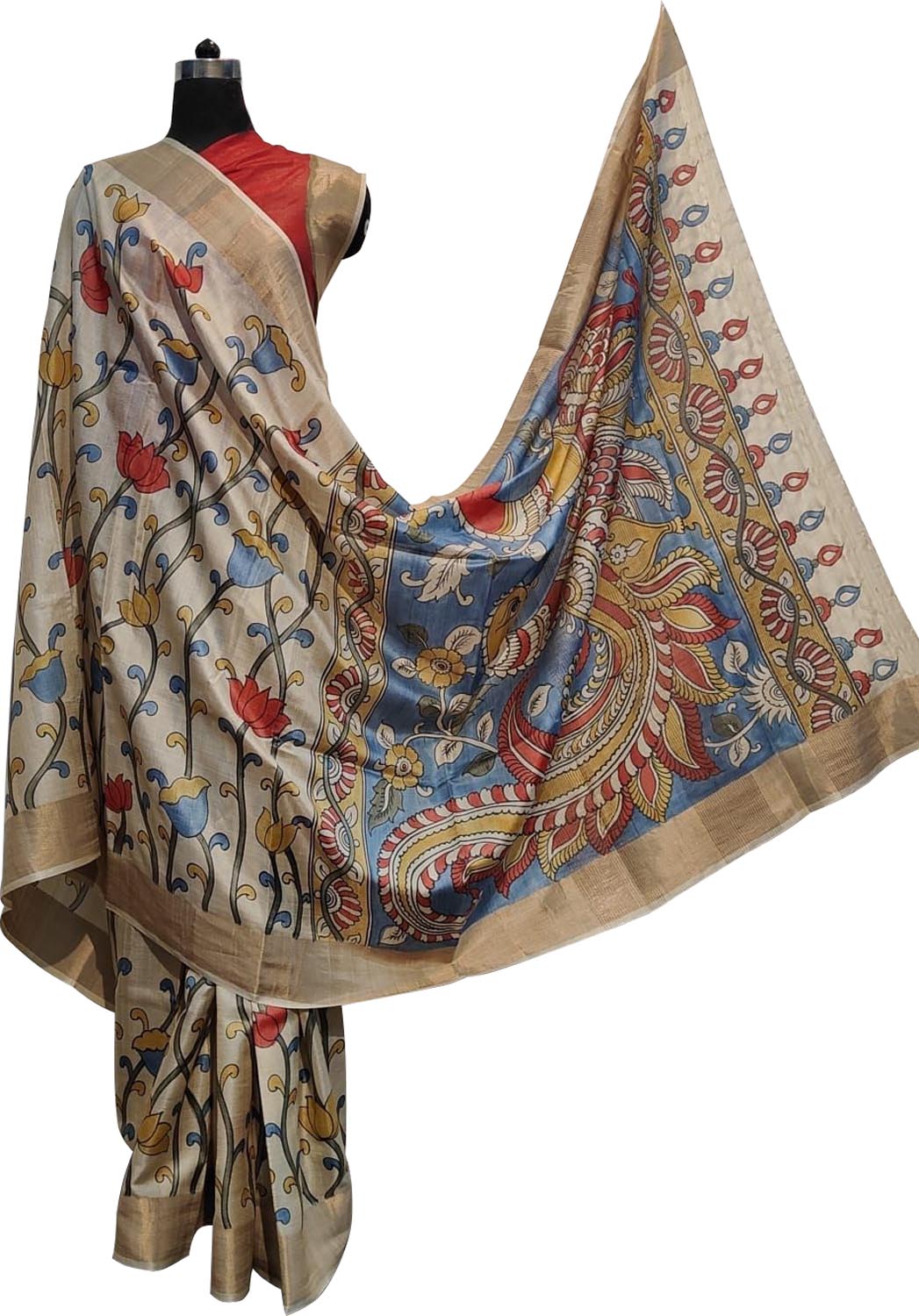 Pastel Hand Painted Kalamkari Pure Desi Tussar Silk Saree - Luxurion World