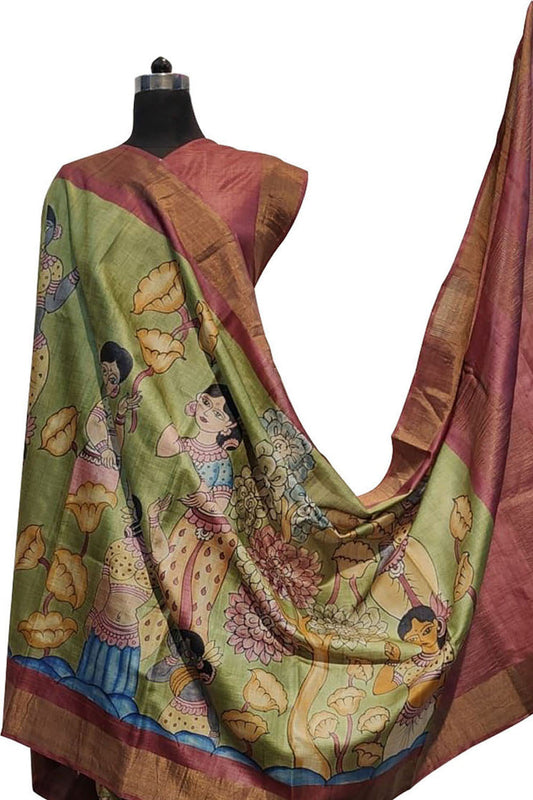 Green Hand Painted Kalamkari Pure Desi Tussar Silk Saree - Luxurion World