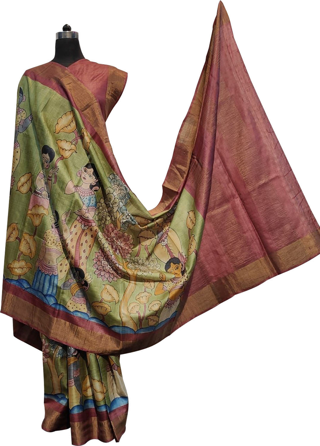 Green Hand Painted Kalamkari Pure Desi Tussar Silk Saree - Luxurion World