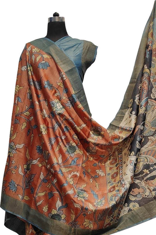 Orange Hand Painted Kalamkari Pure Desi Tussar Silk Saree - Luxurion World