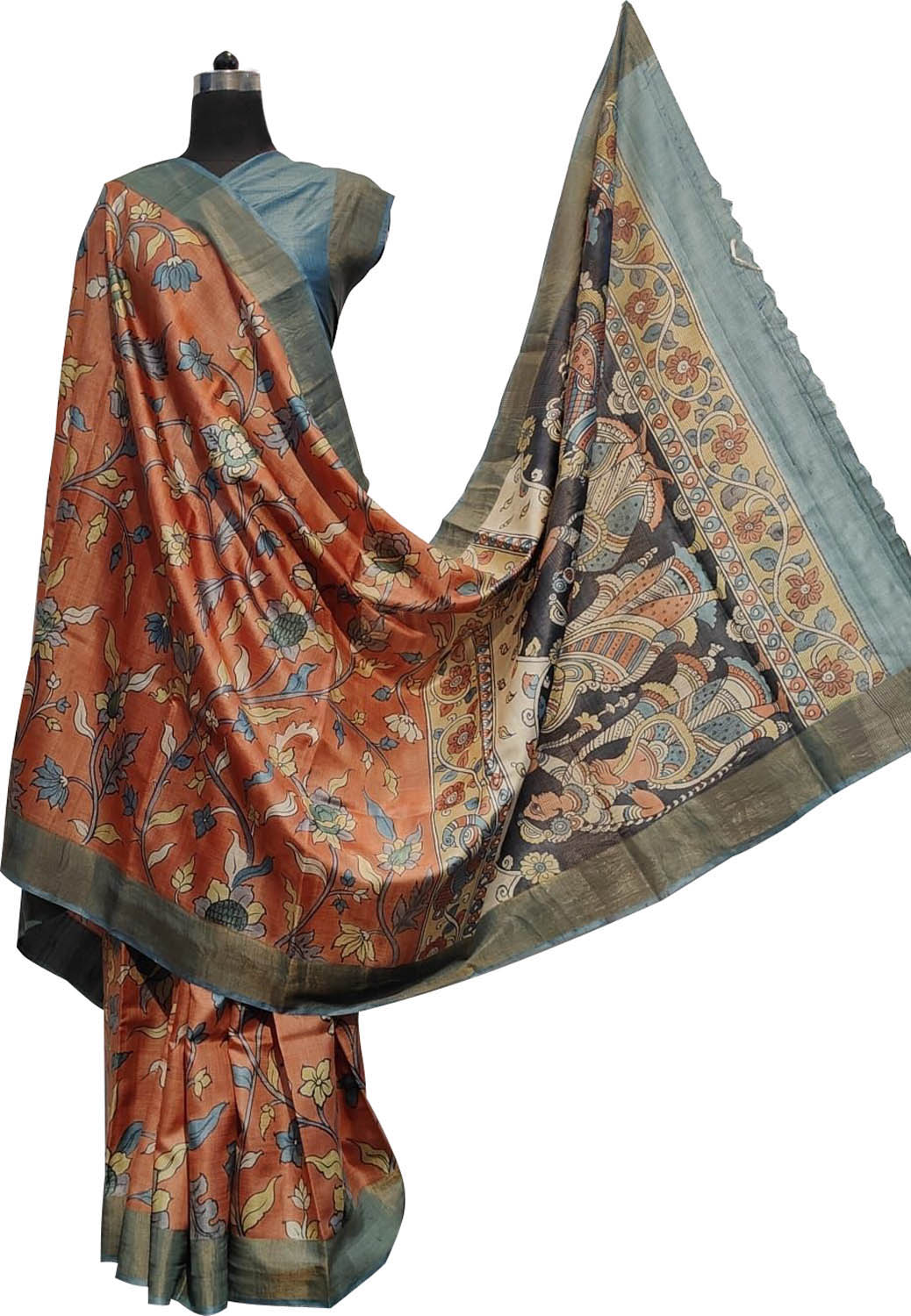Orange Hand Painted Kalamkari Pure Desi Tussar Silk Saree - Luxurion World