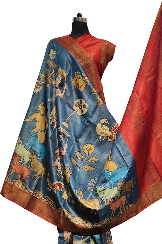 Hand Painted Exquisite Blue Kalamkari Tussar Silk Saree - A Beauty to Behold - Luxurion World