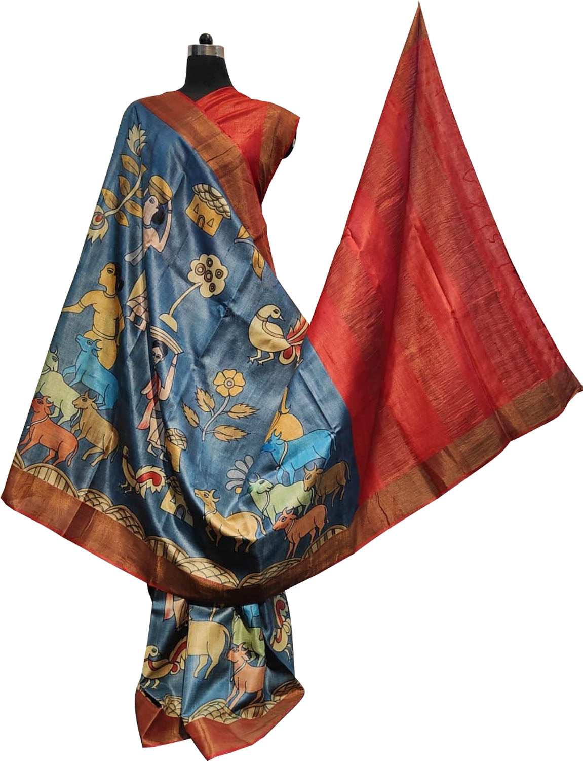 Hand Painted Exquisite Blue Kalamkari Tussar Silk Saree - A Beauty to Behold - Luxurion World