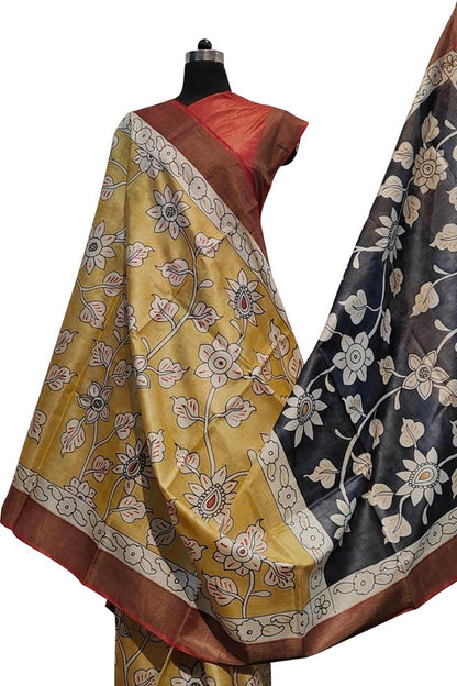 Hand Painted Exquisite Yellow Kalamkari Tussar Silk Saree - A Masterpiece - Luxurion World