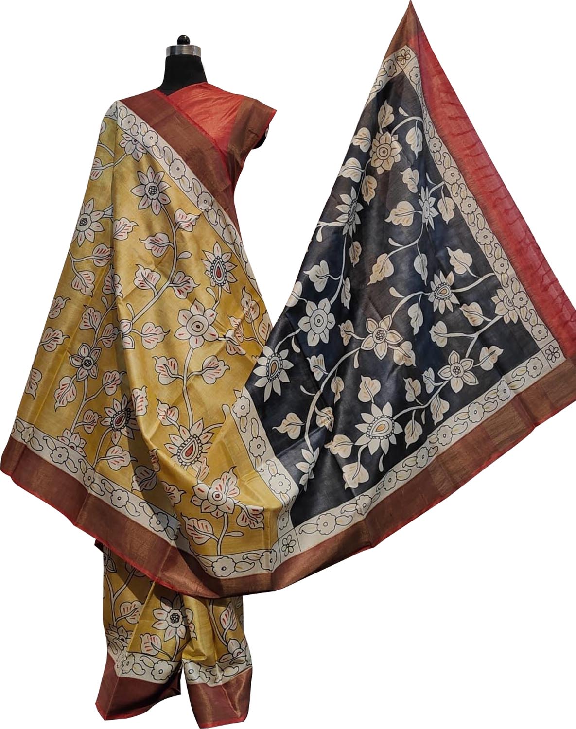 Hand Painted Exquisite Yellow Kalamkari Tussar Silk Saree - A Masterpiece - Luxurion World