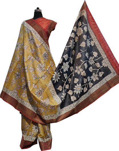 Hand Painted Exquisite Yellow Kalamkari Tussar Silk Saree - A Masterpiece - Luxurion World