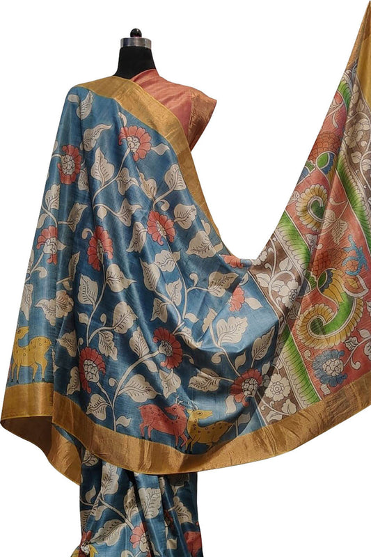 Hand Painted Exquisite Blue Kalamkari Tussar Silk Saree - Stunning Design - Luxurion World