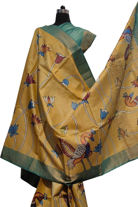 Hand-Painted Yellow Kalamkari Tussar Silk Saree: A Stunning Beauty