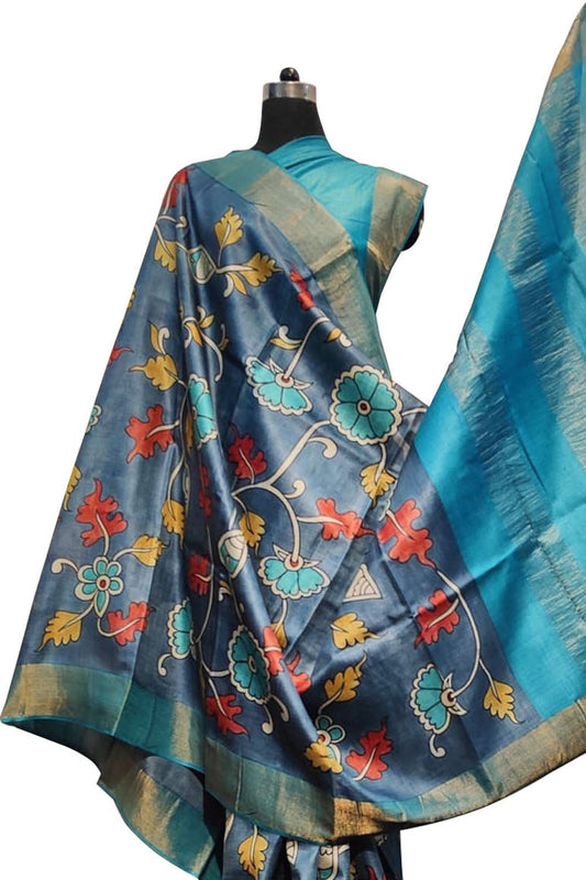 Hand Painted Exquisite Blue Kalamkari Tussar Silk Saree - A Masterpiece - Luxurion World