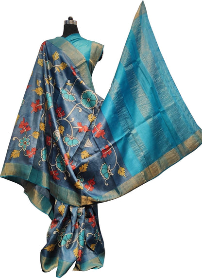 Hand Painted Exquisite Blue Kalamkari Tussar Silk Saree - A Masterpiece